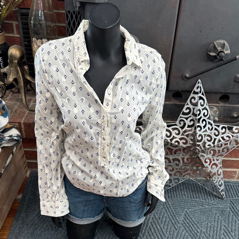 J. Crew Ivory and Navy Printed Button-Down Shirt
